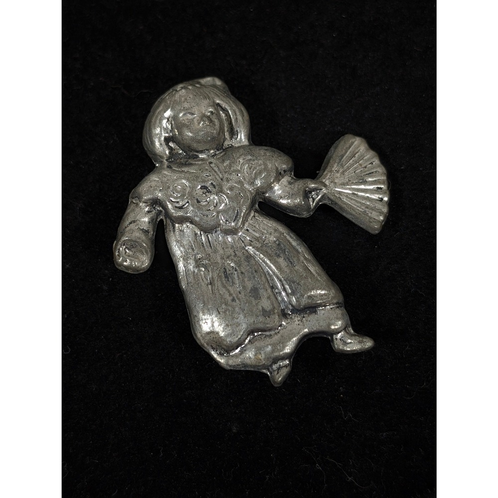 Vintage Silver Tone Asian Woman Fan Brooch Figural Geisha‎ Style Pin